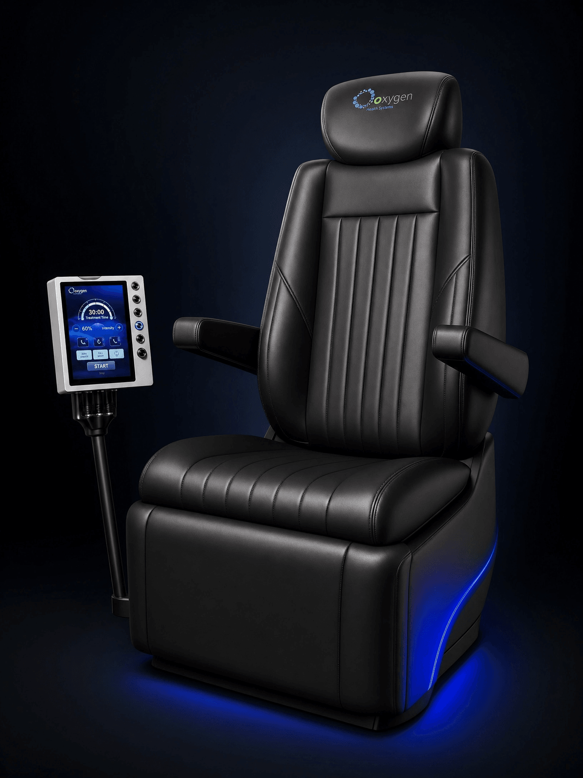 Black leather captain's chair with Oxygen Health Systems branded headrest, channel stitching, padded armrests, and blue ambient underglow lighting, beside a touchscreen control panel