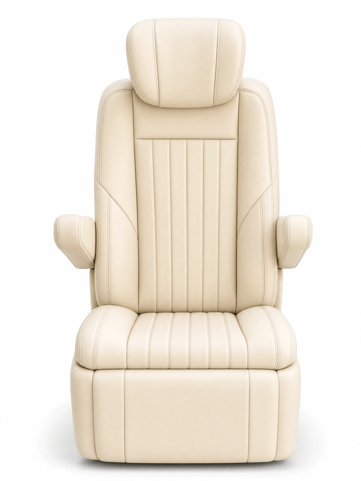 Front view of a cream leather captain's chair with vertical channel stitching, integrated headrest, and padded armrests