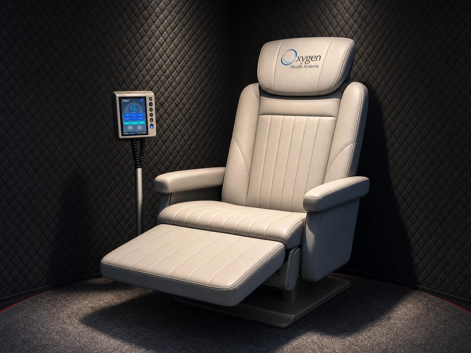 Premium cream leather reclining chair with extended footrest and Oxygen Health Systems branded headrest, inside a dark quilted-wall hyperbaric chamber beside a touchscreen control panel