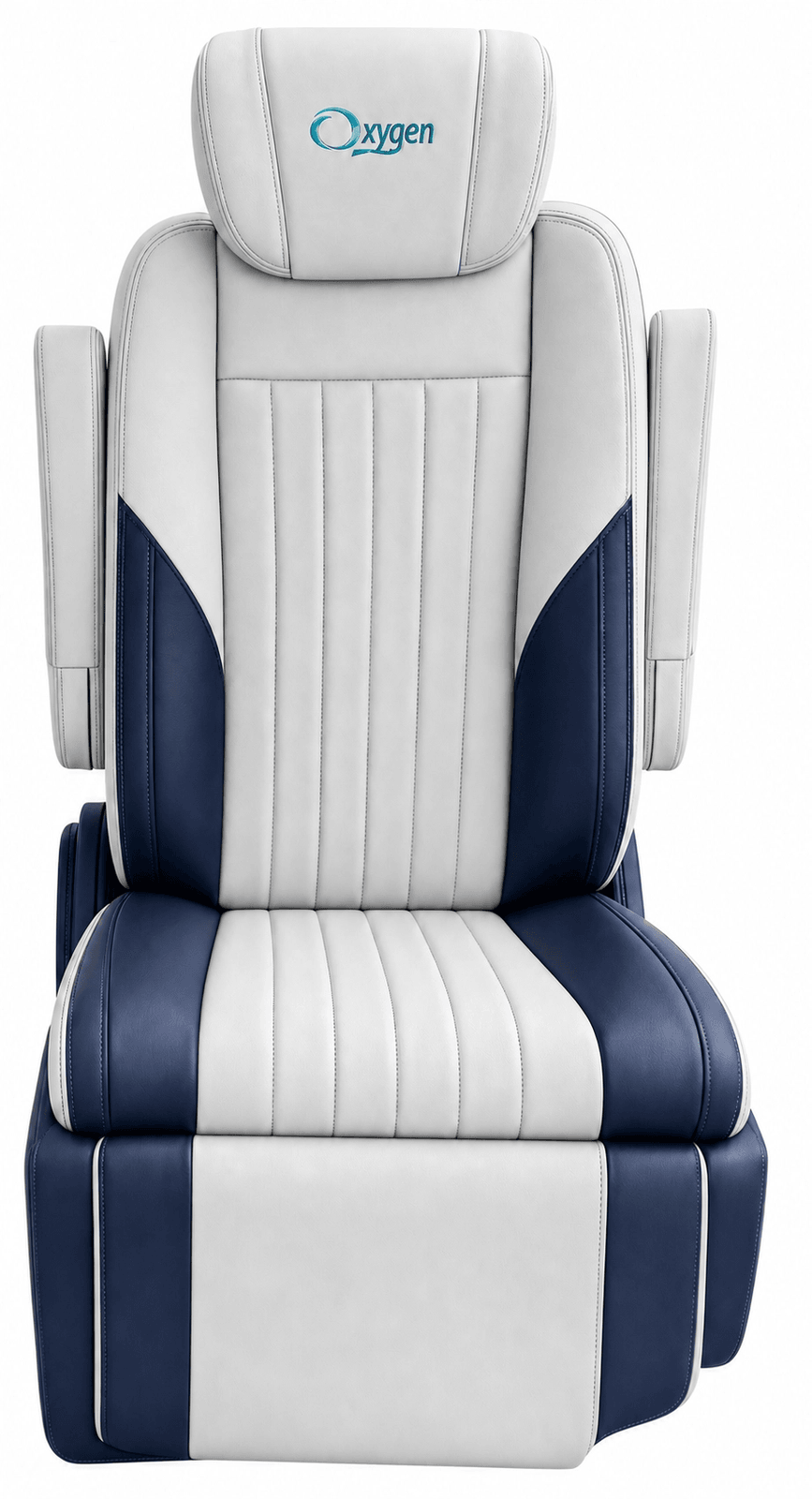 Front view of a two-tone navy blue and light gray leather captain's chair with Oxygen branded headrest, vertical channel stitching, navy side bolsters and base accents, padded armrests, and extended footrest