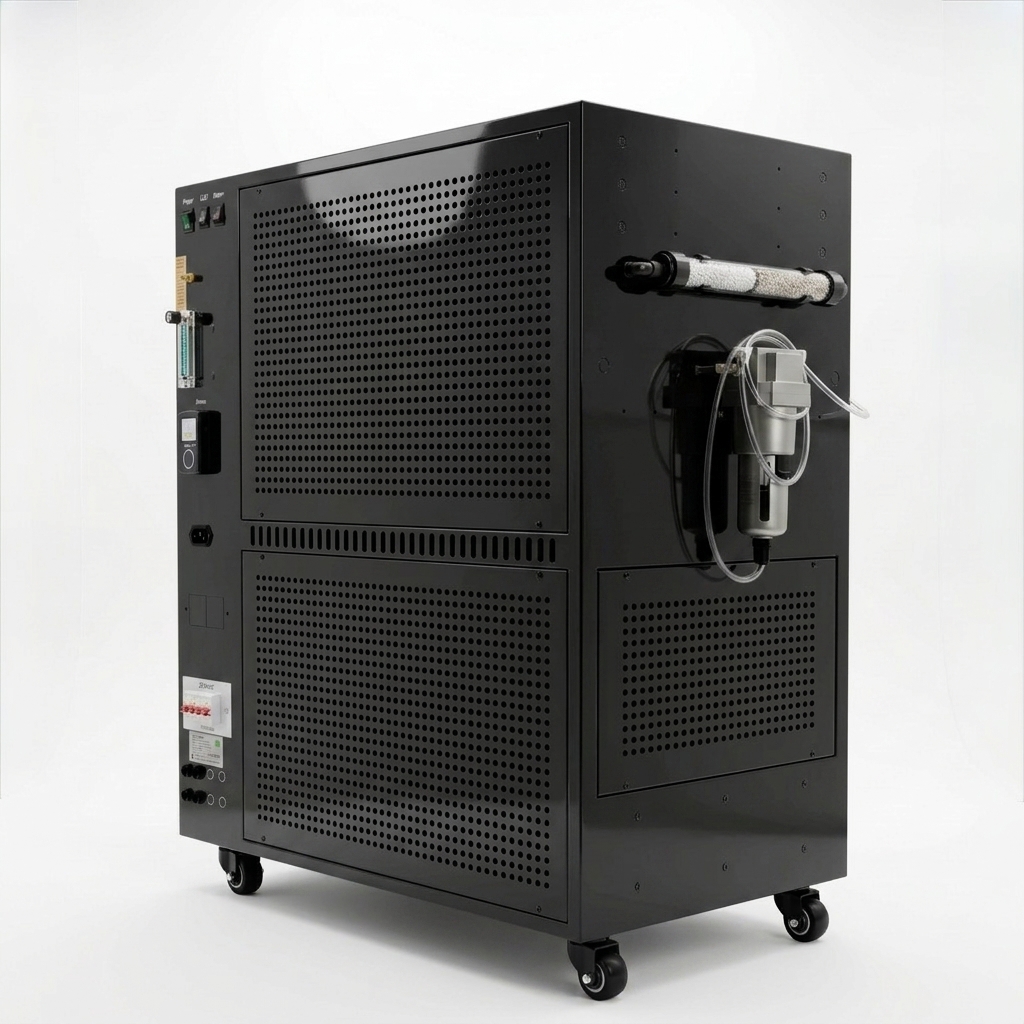 Dual all-in-one smart controller unit — glossy black floor cabinet on casters with control panel, oxygen concentrator, filter, and tubing