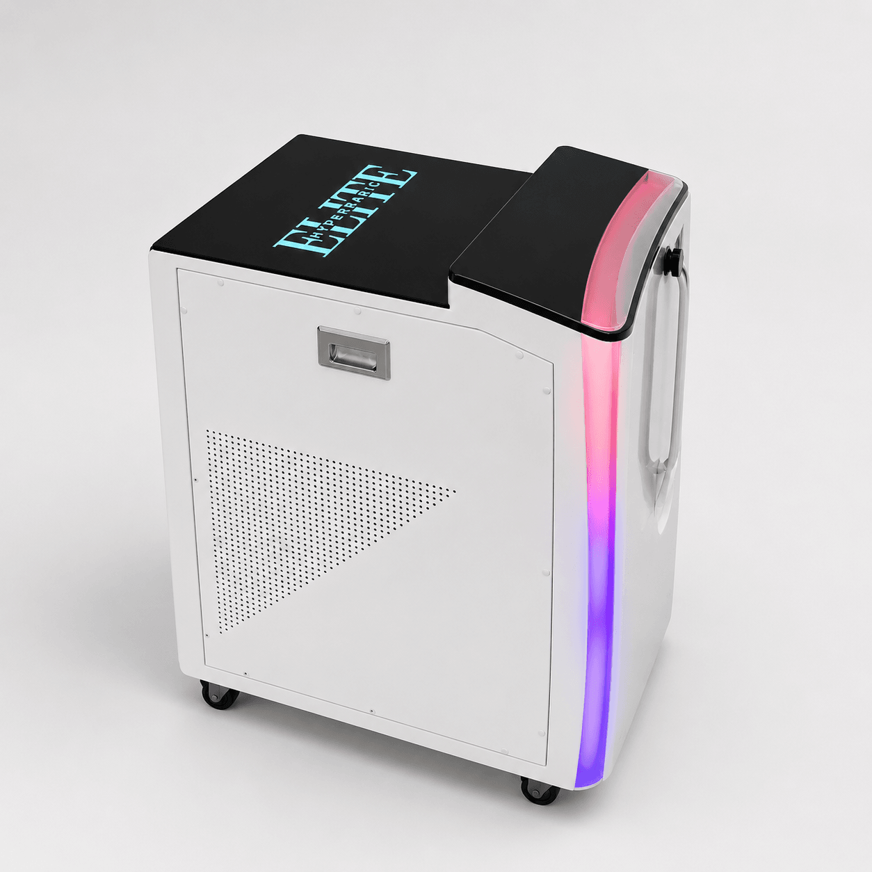 Elite Hyperbaric compressor — white portable cabinet on casters with recessed handle, perforated ventilation panel, and pink-to-purple accent lighting